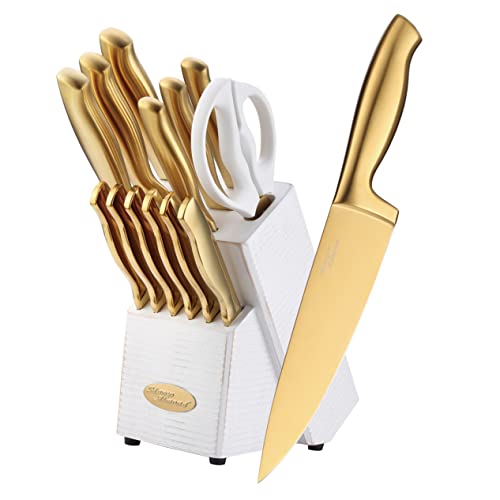 Marco Almond MA21 Golden Knife Sets, Titanium Coated 14 Pieces Stainless Steel Hollow Handle Gold Kitchen Knives Set with White Wash Finish Wood Block