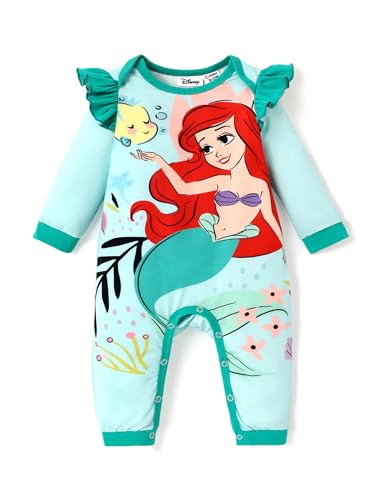 Image of Disney Stitch Princess Cinderella Ariel Minnie Winnie Baby Girls Ruffle Long Sleeve Romper Bodysuit for Newborn to Toddler