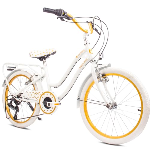sun baby Heart Bike Kinderfahrrad 20 Zoll Mädchen, Fahrrad für Kinder ab 6 Jahre, 6-Gang Shimano, V-Brake, Gepäckträger, Reflektoren (Weiß-Gold, 20 Zoll)