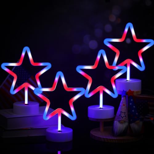 Image of 4 Pcs 4th of July Neon Star Lights, Patriotic LED Neon Star Signs Powered by USB Cable /Battery, Red White Blue Patriotic Light for Home, Tabletop, Window Memorial Day Independence Day Decor
