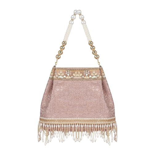Image of Nevis PU Silk Fabric Women's Embellished Potli Bag with Pearl Handle & Fringe Detailing | Designe Wedding & Festive Handbag