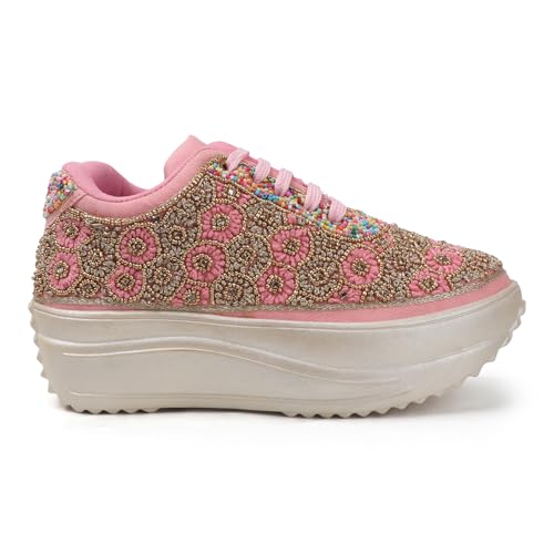 Image of Vendoz Women Hand Embroidery Wedding Party Bridal Floral High Heel Sneakers I Cushioned Insole I Comfortable Wear Wedge Shoes I for Ladies and Girls