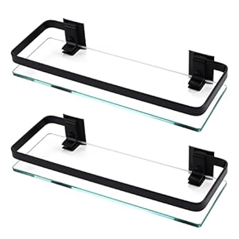 Foto di KES Mensole da Bagno Rettangolare con Barra in Alluminio Mensole Doccia da Muro Mensole in Vetro Temperato Extra Spesso in Stile Contemporaneo Nero, 1-Tier x 2, A4126A-BK-P2
