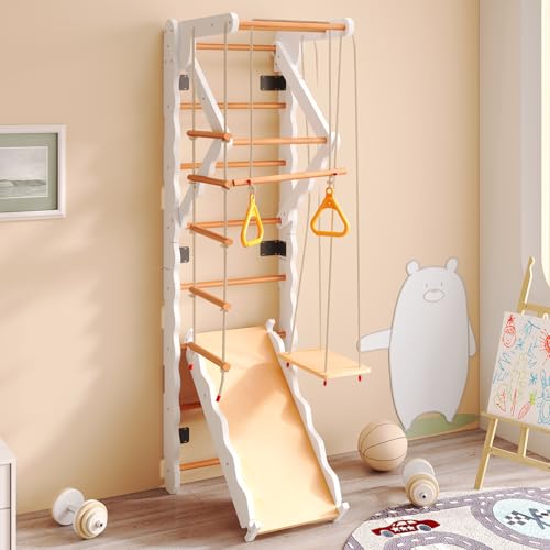 Struttura Da Arrampicata per Bambini Da Interno, Parete Da Arrampicata in Legno Con Scivolo, Altalena, Scala per Gattonare, Area per Trazioni, Anelli, Attrezzatura Da Gioco