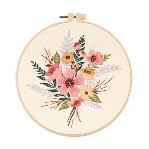 Genérico Kits de inicio de bordado con patrones florales, kit de bordado for principiantes, kits de punto de cruz de tela for adultos, bricolaje(C7,Without hoop)