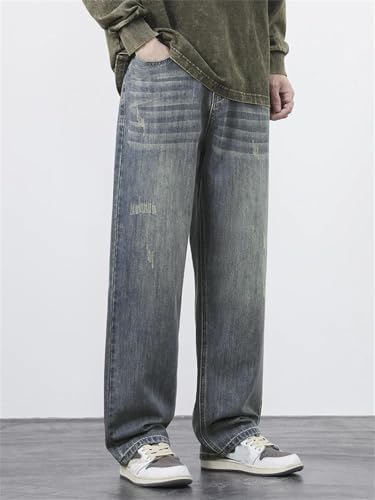 Men Streetwear Jeans Vintage Frayed Casual Wide Trousers High Street Denim Pants with Pockets2