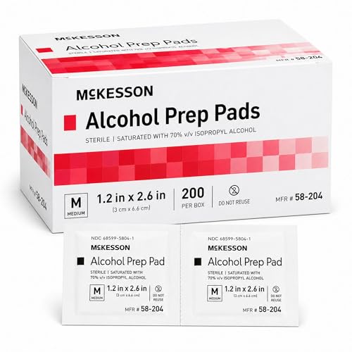 McKesson Alcohol Prep Pads (200 Count) - Sterile Individually Wrapped Wipes 70% Isopropyl Alcohol Medium Size 2-Ply Medical Grade First Aid 1 Box