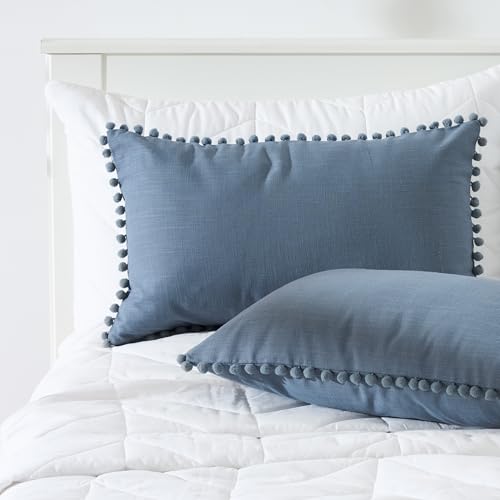 Image of 100% Cotton Pom Pom Cushion Without Filler, Elegant & Modern Cushion Cover for Living Room, Rectangle, 12 inchx20 inch, uni slub, Set of 3 - Denim Grey