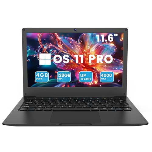 Azeyou 11.6” Laptop HD Display, Student Laptop Computer 4GB DDR4 RAM, 128GB SSD, OS 11 Pro Laptops, WiFi, BT4.2, USB3.0, Type_C 4000mAh Battery (Black)