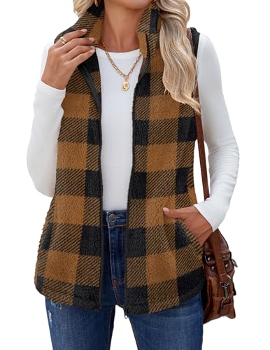 Zeagoo Womens Vests Fashion Casual Fleece Plaid Fall Jackets Sleeveless Sherpa Vest Outerwear With Pockets