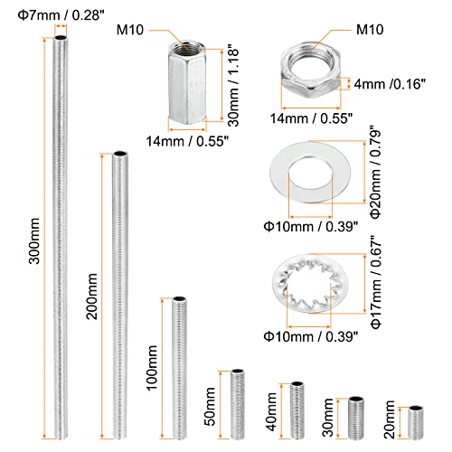 Image of PATIKIL M10 Thread 7 Size Lamp Pipe Kit with Lock Nuts Washers, Fasteners Assortment Hardware for Chandelier Ceiling Light DIY, Zinc Plating