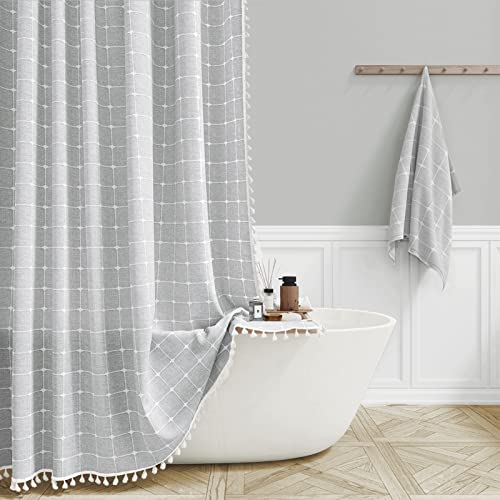 Image of BTTN Extra Long Shower Curtain - 72x96 Inch Long Boho Chic Linen Fabric Heavy Duty Shower Curtain Set with Hooks, Tall Bohemian Farmhouse Luxury Tassel Cloth Shower Curtains for Bathroom - Gray /Grey
