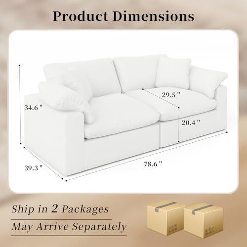 Image of Modular Sectional Sofa Cloud Couch,78.6 inch Down Filled Comfy Cloud Modern Sofa,2 Seater with White Linen Couch Cushion Covers Removable Furniture for Living Room
