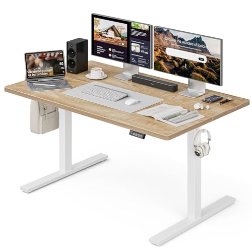 Grandder-55x32-Large-Electric-Standing-Desk-Height-Adjustable-Computer-Desk-with-2-Memory-Presets-315-Deep-Desktop-Sit-Stand-Desk-Home-Office-Desk-Workstation-Table-with-Hooks-Oak Grandder 55x32 Large Electric Standing Desk, Height Adjustable Computer Desk with 2 Memory Presets, 31.5" Deep Desktop Sit Stand Desk Home Office Desk Workstation Table with Hooks, Oak - Image 1