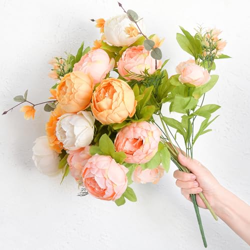 Image of FiveSeasonStuff Garden-Style Ivory, Peach, Orange & Greenery Accents Artificial Peony Bouquet, Two Faux Silk Flower Bundles with Hydrangeas