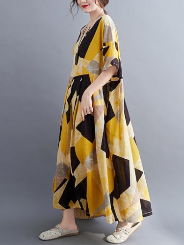 Image of Women Plus Size Color Block Dress Geometric Block Print Round Neck Side Pockets Casual Loose Dresses