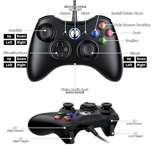 Image of Dinosoo 10ft Replacement for Xbox 360 Controller Wired, PC Controller with Upgraded Joystick, Double Shock, 2.5mm Audio Jack - 2 Pack