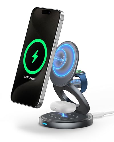 3 in 1 Wireless Charging Station for Magsafe Charger, Fast Magnetic Foldable Charger Stand for iPhone 15 14 13 12 11 Pro Max XR, for Apple Watch 8 7 6 5 4 3 2 SE, for AirPods 2 3 Pro (ZINC ALLOY MADE)