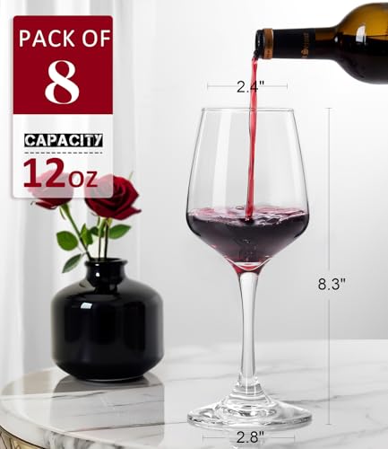 Image of OJA Wine Glasses Set of 8, 12oz Red or White Wine Glasses, Thick, Clear, Long Stem Wine Glasses, Perfect for Party, Home, Restaurant, Bars, Wedding, Dishwasher Safe