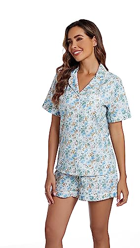 Image of LUBOT 100% Cotton Pajamas for Women 2 Piece PJ Set Poplin Woven Lightweight Ladies Button Short Sleeve Sleepwear S-XXL