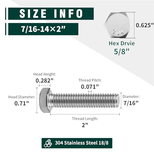 Image of (8 Sets) 7 /16-14 x 2 inch Hex Bolt and Nut Kit, 304 Stainless Steel (18-8), Fully Threaded, Flat & Lock Washers Included