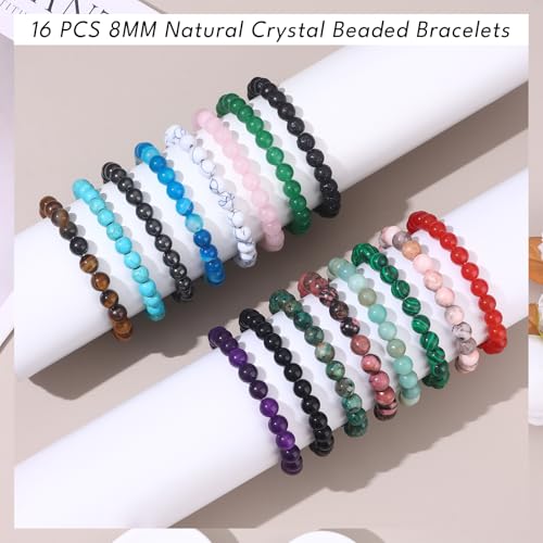 16 PCS Healing Crystal Bracelet for Women Men 8mm Natural Stone Beaded Bracelets Round Gemstones Stretch Bead Bracelet Jewelry Birthday Gifts4