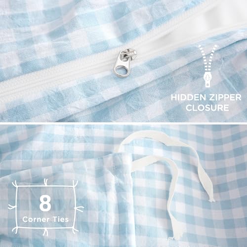 Image of TOCOMOA Sky Blue Gingham Duvet Cover Bedding Set 100% Washed Cotton Like Linen Feel Super Soft Comfy 3 Piece Vintage Plaid Checkered Comforter Cover Set (Queen 90 inchx90 inch, Comforter Not Included)
