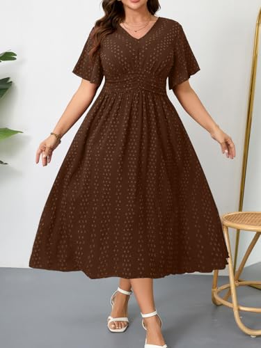 Image of RWJ Women's Plus Size Maxi Dress V Neck Short Sleeve Swiss Dot A Line High Waist Boho Swing Casual Summer Dresses