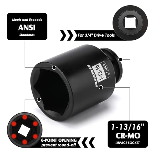 Image of MIXPOWER 3 /4 inch Drive Deep Impact Socket, CR-MO, 1-13 /16 inch, SAE, 6 Point, Axle Nut Impact Grade Socket for Easy Removal