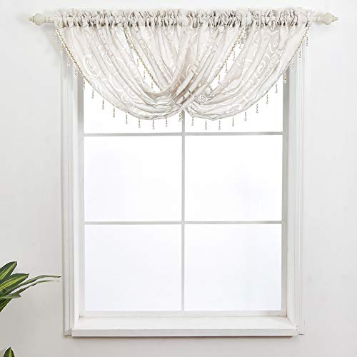 Napearl Beaded Kitchen Window Valance Curtains-Waterfall Swag Curtains With Floral Pattern, Premium Jacquard Sheer Valance For Bathroom Small Window, 1 Piece ( 57 X 37 Inch, Silver White ) #TOP4