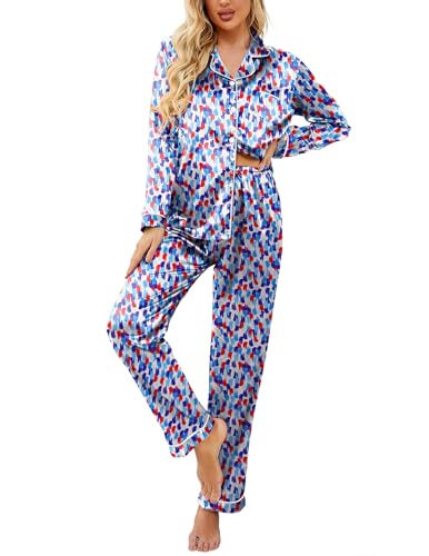Image of Ekouaer Womens Satin Pajama Set Classic Pattern Silky Pj Sets Button Down Sleepwear Loungewear