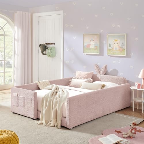 Image of KEIKI Full Size Upholstered Platform Bed Frame with Guardrail, Slats, Pink