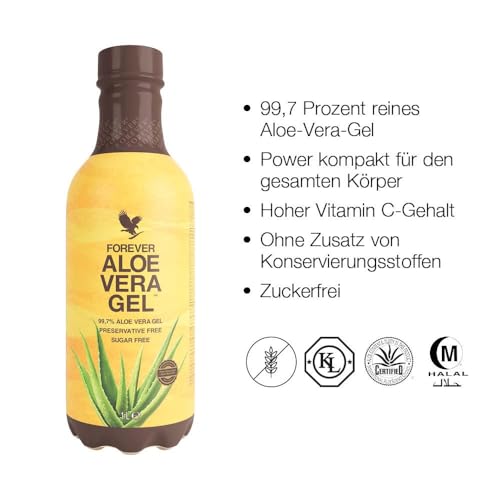 Forever Aloe Vera Gel (1 Liter Saft zum trinken), 100% pures zertifiziertes Aloe Vera Gel, zuckerfrei, ohne Zusatz von Konservierungsstoffen, VitaminC