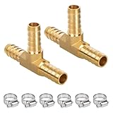 JUWO 1/4' Hose Barb Tee, Brass Barb Fitting for Fuel, Air, Oil, 6 Clamps Included (2-Pack)