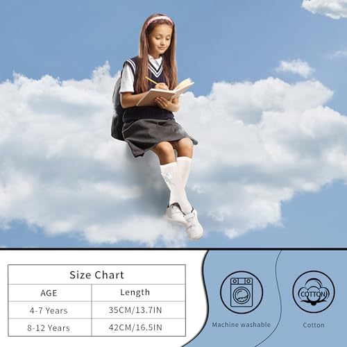 Girls Knee High Socks With Bows - Cotton School Uniform Long Socks for 4-12 Years, 2 Pairs3
