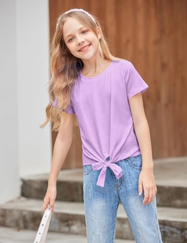 Image of Arshiner Girls Short Sleeve Shirts Tie Knot Front Tops T Shirts for Kids Crewneck Cute Casual Tie Dye Tee Blouse