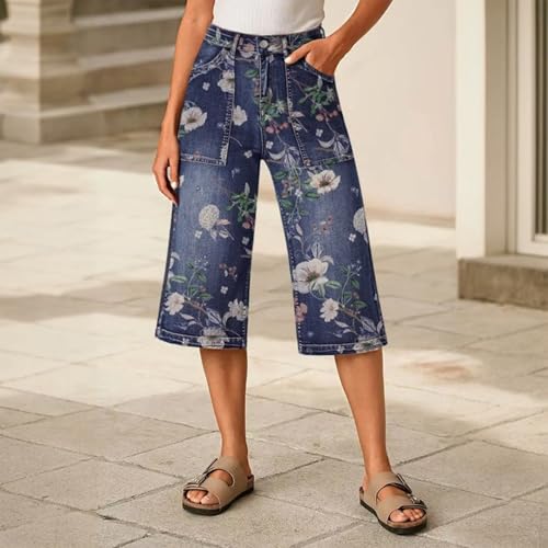 Floral Capri Jeans for Women High Waisted Wide Leg Denim Capris Lightweight Loose Fit Casual Palazzo Denim Pants2