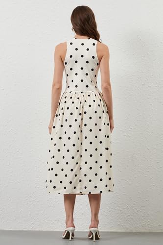 Image of TERIVEEK Women Summer Polka Dots Sleeveless Midi Dress Casual High Neck Patchwork Tank Sundress Boho Flowy Dress with Pockets
