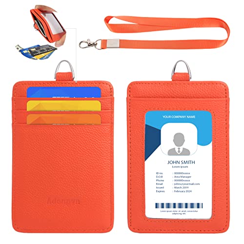 Cow Leather ID Badge Holder with Lanyard(Full Grain Leather,3"*4.5"),1 Clear ID Window and 3 Card Slots,Nylon Neck Lanyard with rotatable and Removable Metal Clasp,Vertical Name Badge Holders