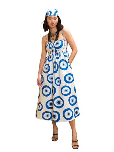 Pink Paprika by Sassafras Women's White Evil Eye Print Strappy Midi Dress-XL