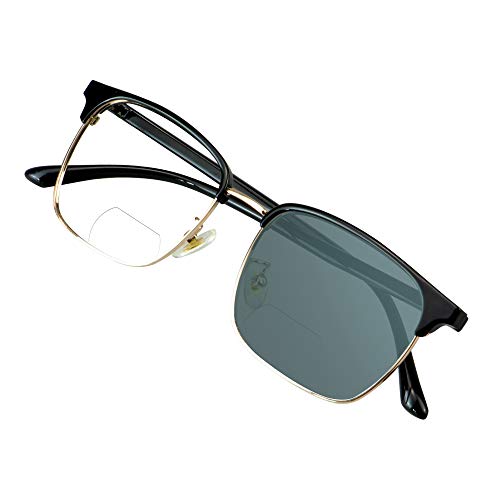 VisionGlobal Bifocal Reading Glasses Photochromic Dark Gray Sunglasses, Classic Retro Square Eyewear Reduce Fatigue (Gray, 0.00/+1.00 Magnification)