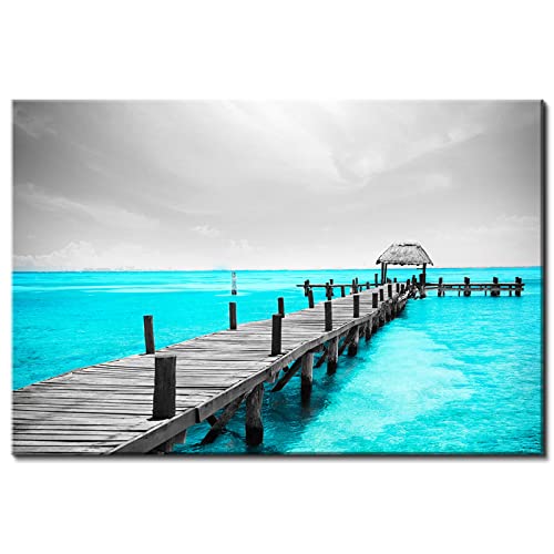 Image of Teal Blue Coastal Canvas Wall Art for Bathroom, Black and White Beach Bridge Seascape Prints Picture Decor 16x24 inch, Grey Nature Ocean Landscape Painting Artwork for Bedroom Living Room Home Decoration
