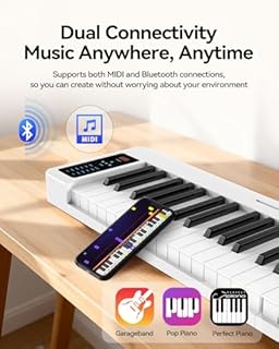 Rhymo Folding Piano Keyboard, 61 Keys Sensitive Electric Piano, Semi-Weighted Portable Electric Keyboard with Bluetooth MIDI, Digital Foldable Keyboard for Beginners(White)
