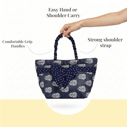Image of Kuber Industries Cotton Dot Printed Bow Hand Bag with 3 Compartment and Zipper Clouser | Multipurpose Women Hand Purse Bow Design for Office | Blue
