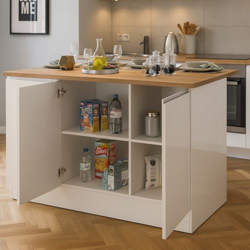 Dmora - Îlot de Cuisine Patrizio, Armoire Polyvalente, Meuble de kitchenette, Table auxiliaire, 100% Made in Italy, 155x90h90 cm, Blanc Brillant et chêne