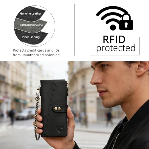 Image of Genuine Crazy Horse Leather Travel Gift Coin Pocket Card Case Long Organizer Chain Rfid Wallet Purse With Snap For Men Male 1803 1815 (1803 The Black2)