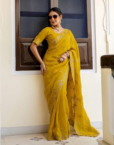 Image of SIRIL Women's Shimmer Chiffon Sequence Embroidery Saree With Unstitched Blouse Piece for Wedding and Parties