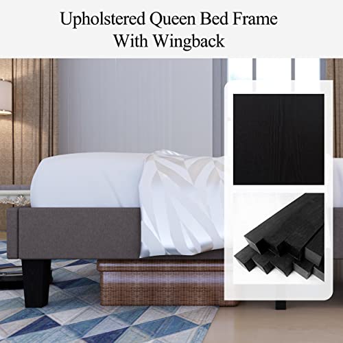 Benevika Queen Bed Frame With Modern Wingback Headboard, Mattress Foundation With Wood Slat Support, No Box Spring Needed, Easy Assembly, Grey #TOP3