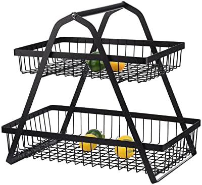 SEEZSSA Fruit Basket, 2 Tier Fruit Bowl Countertop Metal Vegetable Storage Rack, Keeps Fruit and Vegetable Fresh, Mini Detachable Veg Fruit Holder Stand for Kitchen Eggs Breads, White, 40x26x38 cm