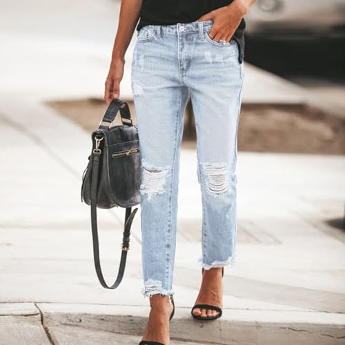 Capri Jeans for Women Stretchy Mid Rise Ripped Jeans Straight Leg Cropped Jean Raw Hem Distressed Denim Capri Pants2